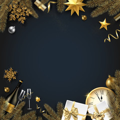 Christmas and New Year background with Christmas decorations, gifts, Champagne and clock. - 233700962