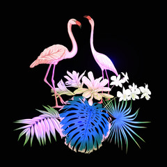 A composition of tropical plants, palm leaves