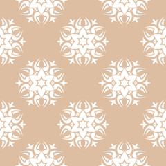 White floral ornament on beige background. Seamless pattern