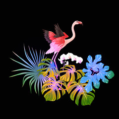 A composition of tropical plants, palm leaves