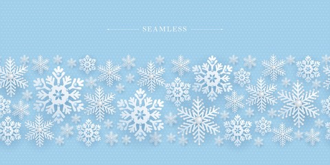 Fototapeta na wymiar Seamless border with 3D snowflakes, Winter, New Year, Christmas vector illustration