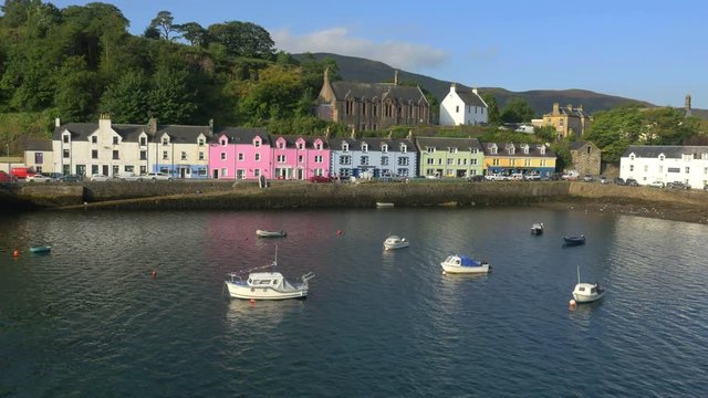 Aerial view of Tobermory harbour and town Highlands Scotland UK