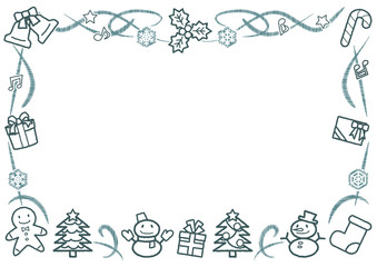 クリスマスのオブジェクト横長長方形フレーム (手書風線画のみ)