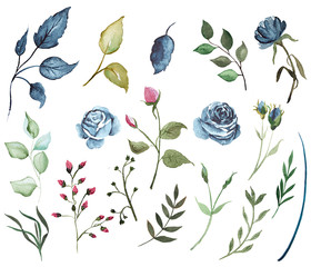 Watercolor indigo swan collection with gold elements, white Indigo silhouettes, flowers, leaves, twigs, wreaths, frames, borders, seamless patterns, ready-made cards, bouquets for weddings, invitation