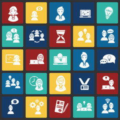 Coworking set on squares color background icons