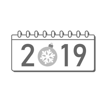 Calendar Happy New Year 2019. Number isolated on white background. Gray template cover. Christmas ball, snowflake. Silver flat design for banner, decoration, holiday celebration. Vector illustration