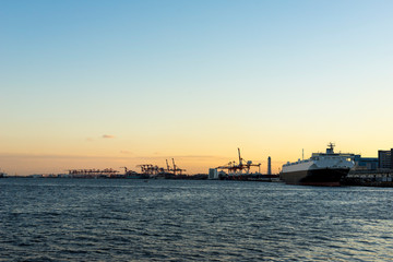 dusk of tokyo bay area seen from rainbow bridge 