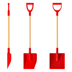 Красная пластиковая совковая лопата для уборки снега с деревянными ручками, векторная иллюстрация на белом фоне