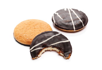 Chocolate cookies, biscuits isolated on white background