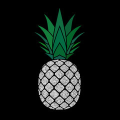 Pineapple with leaf. Tropical silver exotic fruit isolated black background. Symbol of organic food, summer, vitamin, healthy. Nature logo. Design element silhouette icon. Vector illustration