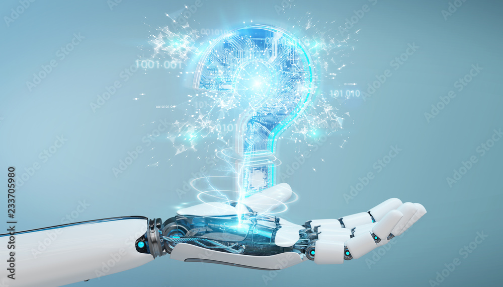 Aufkleber cyborg solving problem with digital question marks 3d rendering
