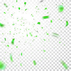 Green confetti explosion celebration isolated on white transparent background. Falling confetti. Abstract decoration for party birthday, Christmas New Year confetti. Vector illustration