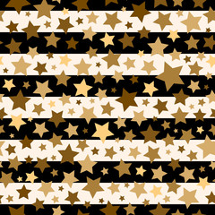 Golden stars and black stripes vector seamless pattern