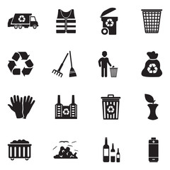 Garbage Icons. Black Flat Design. Vector Illustration. 