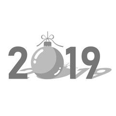 Happe New Year silver background. Isolated 2019 gray numbers, bauble. Flat Christmas ball. Design for celebration card, holiday greeting, calendar, banner. Typography graphic. Vector illustration