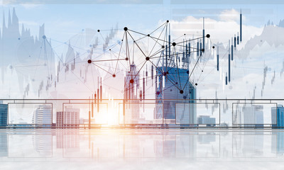 Concept of global communication and networking with world map over cityscape