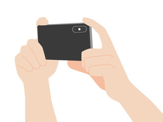 Hand hold new powerful Smart Phone new design advance technology with high resolution display, finger hand catch, business device concept, isolated on white background flat vector.