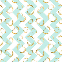 Gold heart seamless pattern. Blue-white geometric zig zag, golden grunge confetti-hearts. Symbol of love, Valentine day holiday. Design wallpaper, background, fabric texture. Vector illustration