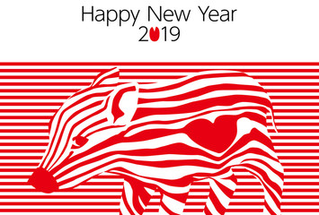 2019年亥年年賀状テンプレートグラフィックストライプ赤背景横位置