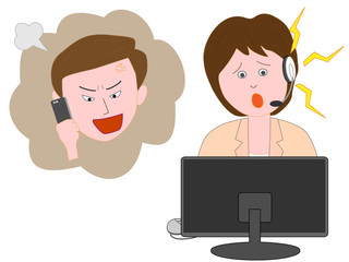 買った商品にクレームをつけるお客さんに、必死に対応するカスタマーセンターの社員。