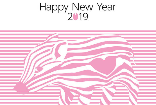 2019年亥年年賀状テンプレートグラフィックストライプピンク背景横位置