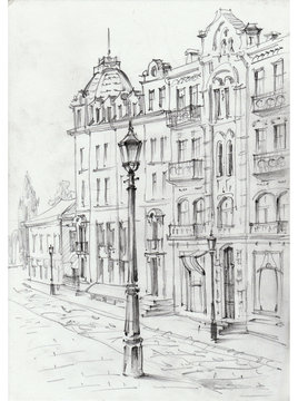 Drawing of architectural structures of the old city executed from life . Historical building in the center of Kiev . Cityscape sketch handmade