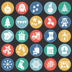 Christmas set on color circles black background icons