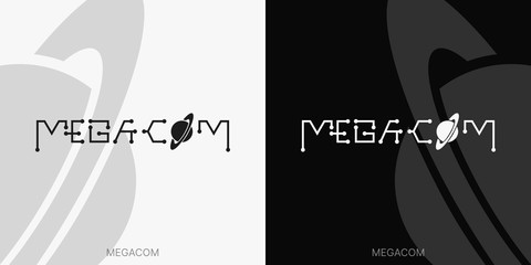 Black and white wordmark communication icon. Logo megacom. Typography. Identity logotype. Brand mark. Brand design. Cables and text design. Visual identity. Connection logo design. Company icon. 