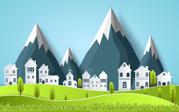 beautiful design with views of the country house.art paper Vector