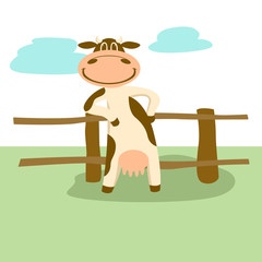  smiling cow standing near the fence. cartoon vector