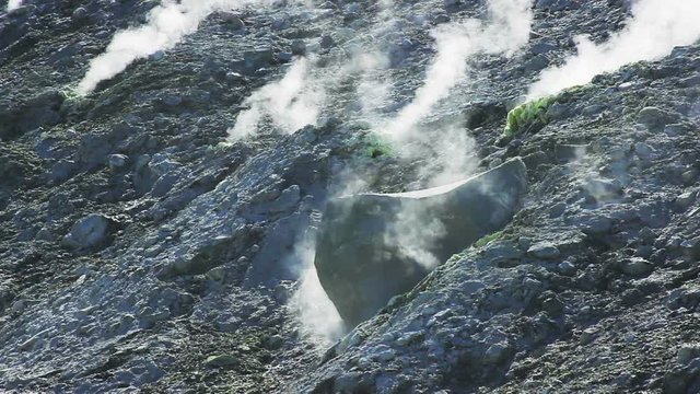 Volcanic activity, sulfur fumarole and hot gas on the slope of Ebeko volcano, Northern Kuriles, Paramushir Island