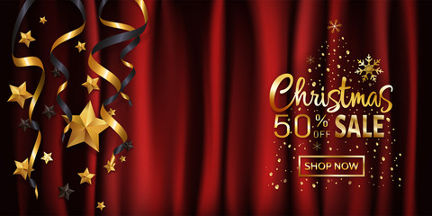 Luxury Christmas calligraphic background design for holiday greeting sale banner on gold gift box decorated with golden snowflakes, glitter stars on red background with copy space.