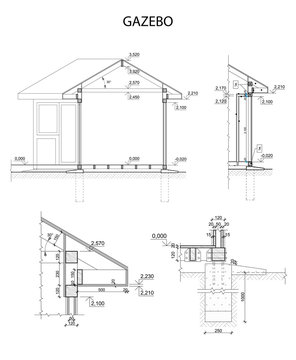 Detailed architectural plan of gazebo and its elements. Vector, technical industrial