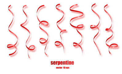 Red curly ribbon serpentine confetti. Red streamers set on transparent background. Colorful design decoration party, holiday event, carnival, Christmas, New Year greeting. Vector illustration.