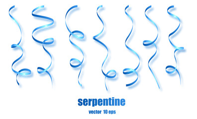 Blue curly ribbon serpentine confetti. Blue streamers set on transparent background. Colorful design decoration party, holiday event, carnival, Christmas, New Year greeting. Vector illustration.