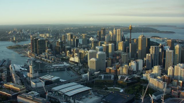 Aerial view of Centrepoint Tower and downtown skyscrapers in Sydney Australia