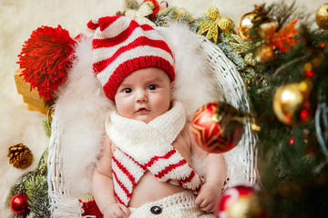 a newborn under a Christmas tree, a gift, a baby, a child in a basket and knitted cap is lying.