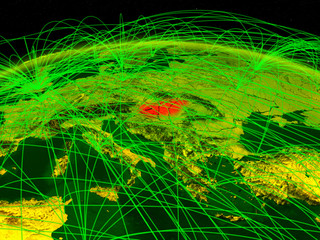 Hungary on digital planet Earth with international network representing communication, travel and connections.