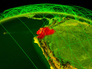 Ecuador on digital planet Earth with international network representing communication, travel and connections.