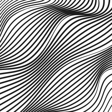 Abstract diagonal op art pattern. Deformed black and white striped surface. Squiggle, warped, waving lines. Tech design. Modern conceptual illusion. Vector background. EPS10 illustration