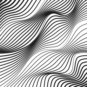 Diagonal black and white waves. Vector squiggle, warped lines. Abstract op art pattern. Deformed background. Modern conceptual illusion. Scientific waving design. EPS10 illustration
