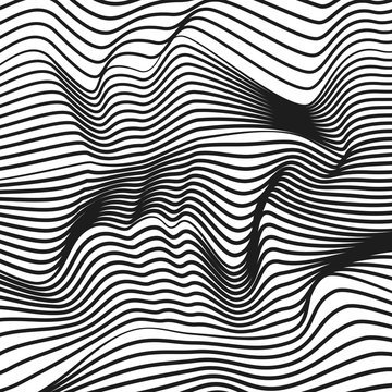 Vector squiggle, broken lines. Chaotic striped, waving pattern. Abstract black and white background. Optical illusion, deformed surface. EPS10 illustration