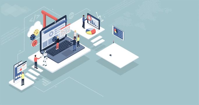 Isometric virtual office with people and robots working together