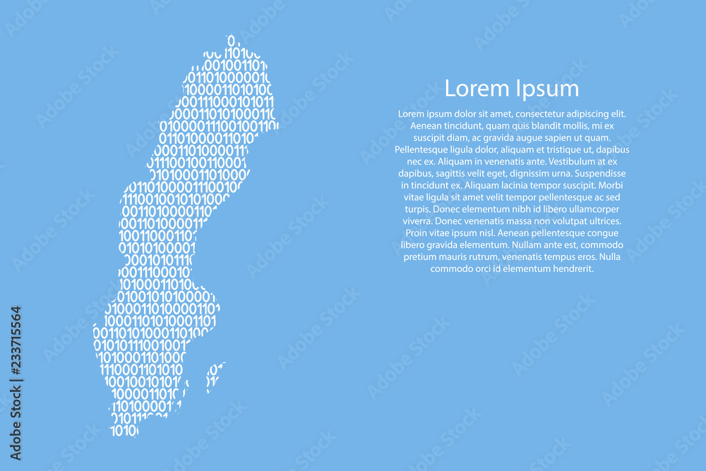 Fototapete sweden map abstract schematic from white ones and zeros binary digital code on light blue background