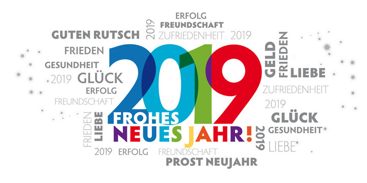 Bunter fröhlicher Neujahrsgruß 2019 mit verschiedenen Grußformeln und Wünschen