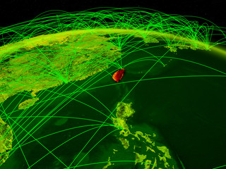 Taiwan on digital planet Earth with international network representing communication, travel and connections.