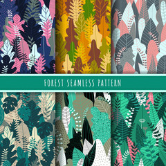 Forest and nature seamless pattern. Jungle patterns vector. Set of 6 tree and tropical leaf background. Green wallpaper. Nature texture background repeat. Forest printable digital papers.