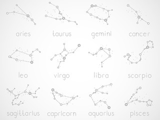 Vector set of zodiac constellations. Horoscope collection: aries, taurus, gemini, cancer, leo, virgo, libra, scorpio, sagitarius, capricorn, aquarius, pisces. Monochrome.