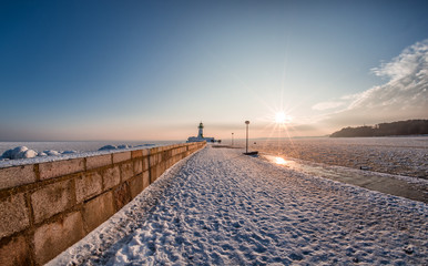 Sassnitz, Insel R&uuml;gen, Winterlandschaft Leuchtturm