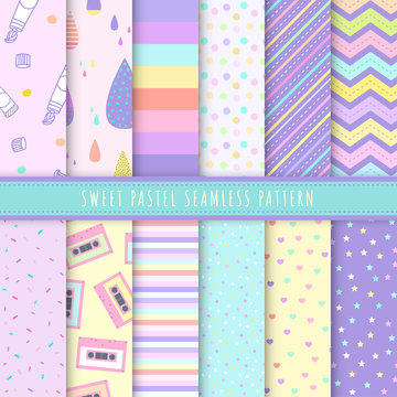 Sweet Pastel seamless pattern collection. Set of 12 colorful background with polka dot, stripe and simple symbol. Kawaii patterns vector for gift wrap, wallpaper, wrapping paper and fabric patterns.